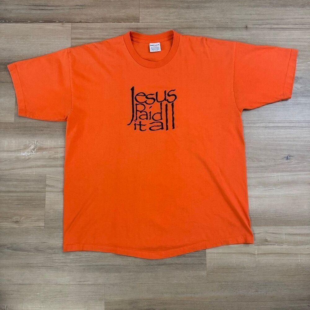 Vintage 90s Jesus Paid It All Embroidered Orange Shirt Size 2XL Super USA Tag